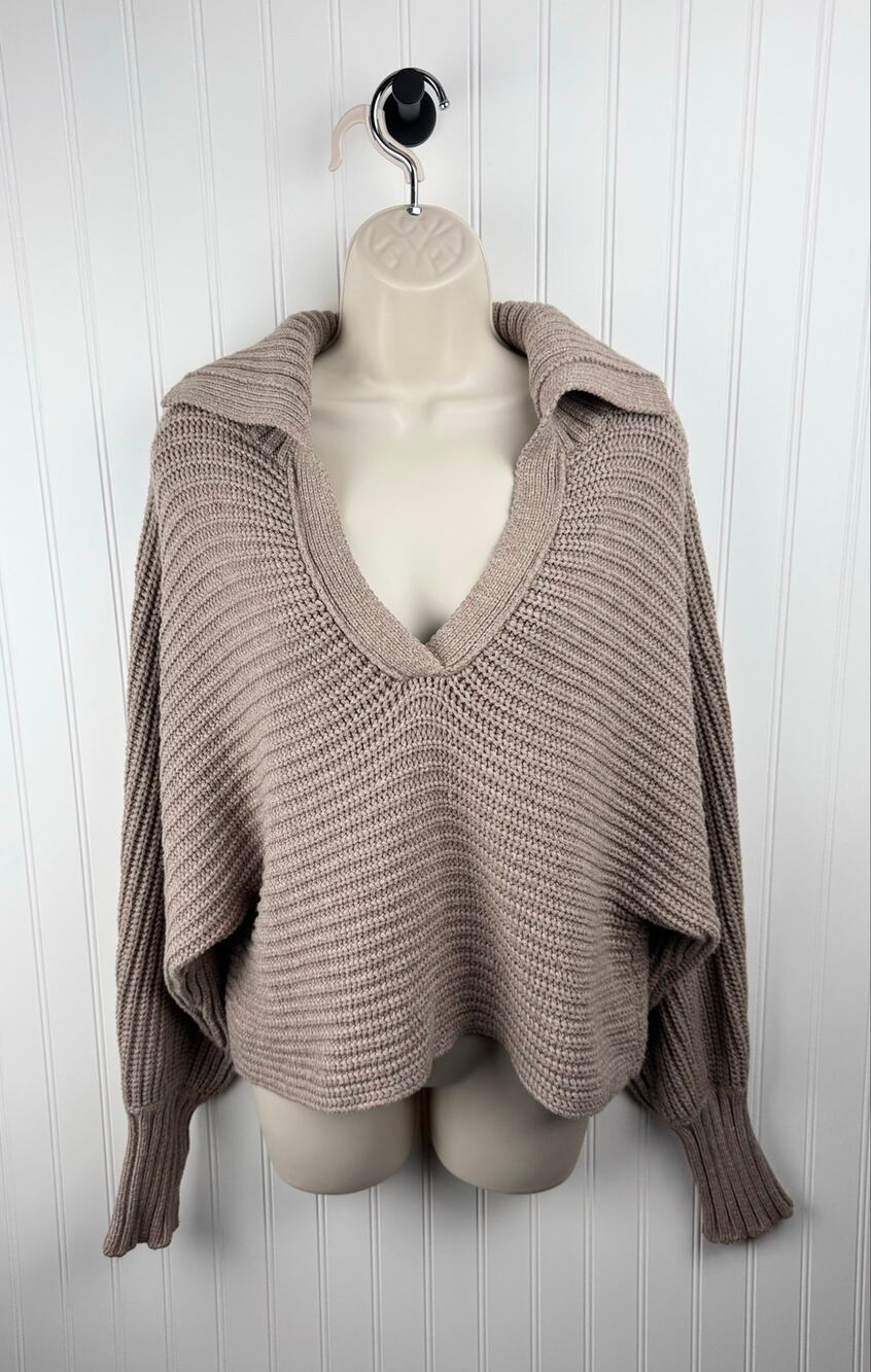 Slouchy Taupe Chunky Knit Sweater Women’s Small Oversized V-Neck Collared